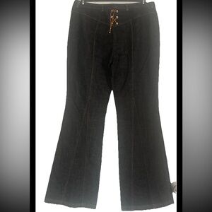 VTG Escada Wide Leg Leather Lace Up Jeans Y2K Denim Boho Hippie Pants 44 US 14